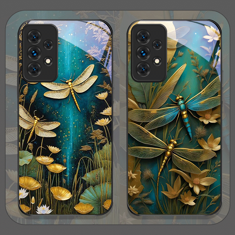 Phone Cases For Samsung A14 - Blume goldene Libelle gehärtetes Glas Handyhülle