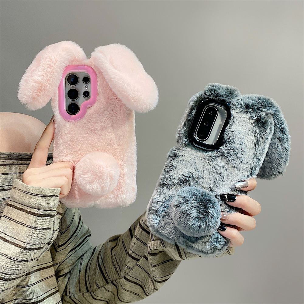 Phone Cases With Stand - Niedliche Hasenohren-Handyhülle mit flauschigem Ständer für